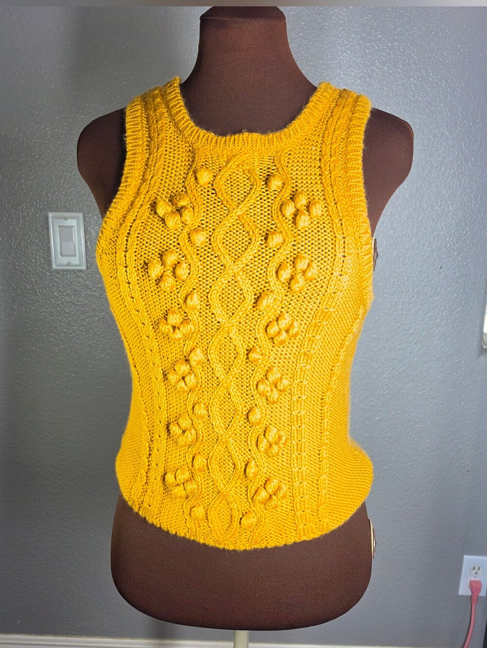 Anthropologie Care Me..Purr 100% Wool Cable Knit Bobble Sweater Tank Top